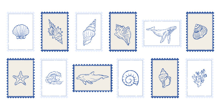Vintage nautical postage stamp clipart set with seashells, whale, dolphin, starfish and coral line art