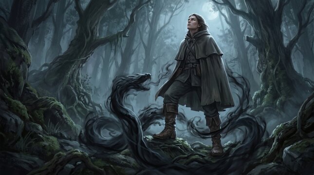 Young man confronting a rising shadow snake in a dark forest, symbolizing the struggle with depression, chronic illness, mental health battles, and facing inner demons.
