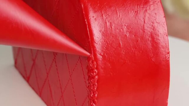 Piping red frosting onto a quilted red cake for decoration close-up