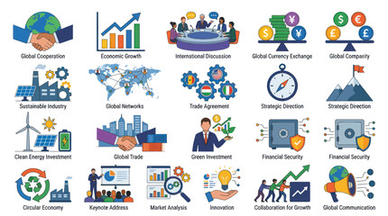 Naklejka premium Global Business Icons: Cooperation, Growth, Trade, Finance, Innovation, Security Green Energy