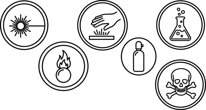 Circular Laboratory Safety and Hazard Warning Sign Set featuring Laser Beam, Hot Surface Touch, Flammable Oxidizing Agent, Compressed Gas, Chemical Flask, and Toxic Skull Icons
