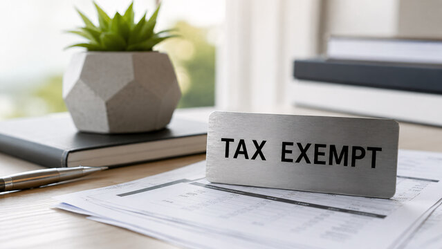 Tax Exempt Metal Plaque on Desk with Financial Documents, Succulent Plant, and Pen in Bright Modern Office for Accounting and Wealth Management Concept