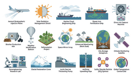Fototapeta premium Geoengineering Climate Change Solutions Flat Vector Illustration Set: Environmental Technology Mitigation Methods Icons