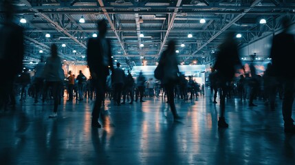 Fototapeta premium Dynamic trade show floor with motion blur of attendees highlighting the vibrant energy and movement of modern industry events.