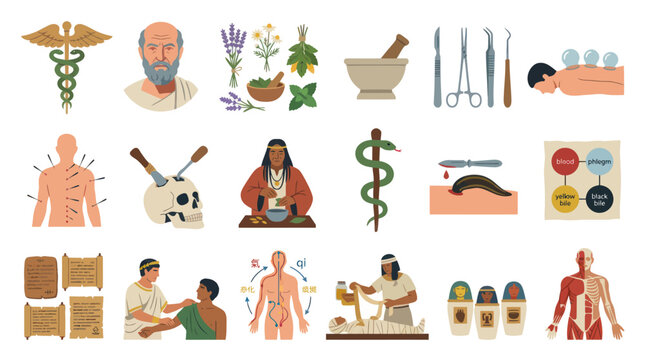 Medical History Icons: Ancient  Traditional Healthcare Practices Flat Vector Illustrations