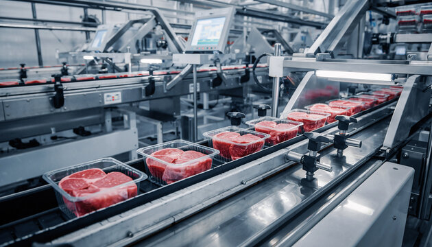 Modern meat processing facility with automated production line and fresh cuts of meat in packaging trays