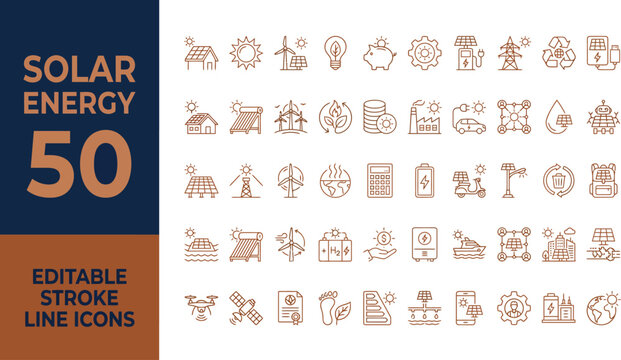 Set of 50 solar energy line icons with editable stroke