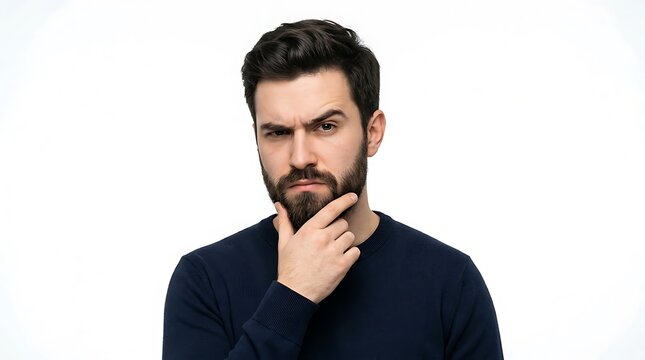 Serious bearded man thinking with hand on chin isolated on white background