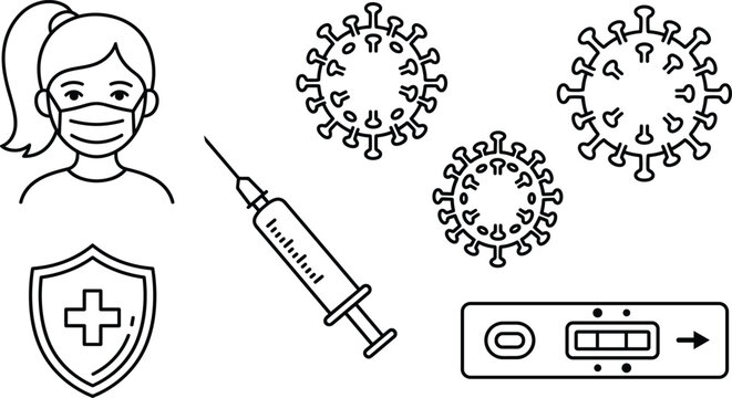 Medical Line Art Icon Set featuring Coronavirus Bacteria, Vaccine Syringe, Rapid Antigen Test Kit, Woman in Face Mask, and Protective Medical Shield