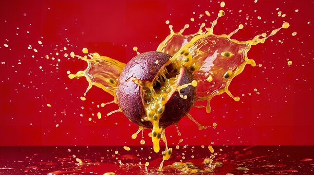 Juicy plum exploding with orange juice splashing. Fresh fruit bursting with liquid