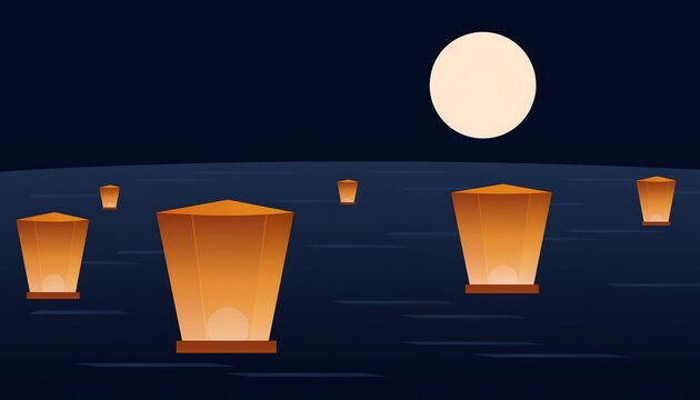 Minimalist digital illustration of glowing lanterns floating under a full moon at night