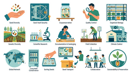 Fototapeta premium Seed Bank and Agricultural Genetic Diversity Conservation Flat Vector Icons Set for Global Sustainability Efforts