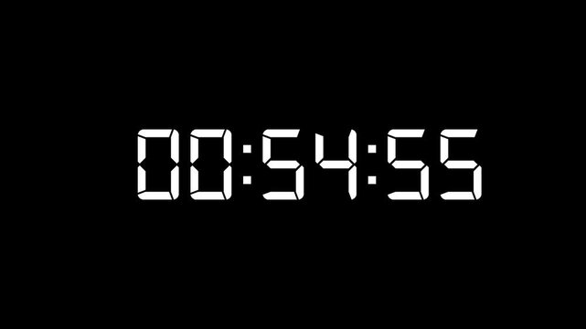 1 minute countdown ,60 second to 00 second countdown,timer,watch,White color countdown icon animation on black background.