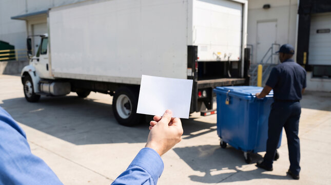 Office worker holding blank paper receipt beside mobile document shredding truck