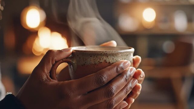 Close-up of hands holding steaming coffee cup in warm light