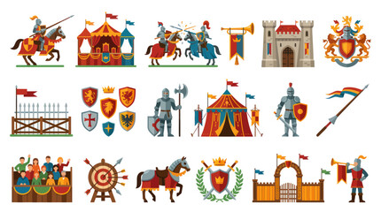 Fototapeta premium Medieval Knight and Castle Flat Vector Icons Set: Shields, Weapons, Tents, and Tournament Elements