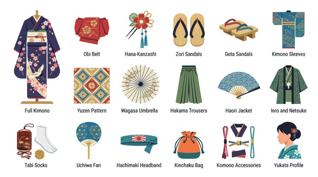 Traditional Japanese Kimono and Accessories Flat Illustration - Cultural Fashion