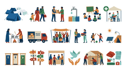 Fototapeta premium Humanitarian Aid Flat Icons: Tents, Relief Truck, Medical Care, Education, Shelter