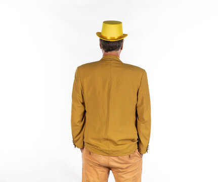 Businessman man in yellow suit back view isolated on white background