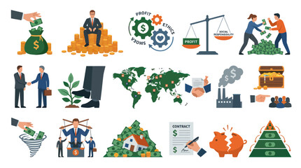 Naklejka premium Finance Business Icons: Profit, Ethics, Growth, World Map, Contract, Piggy Bank