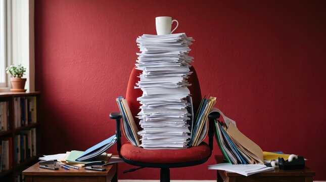 Tall stack of paperwork piled on office chair with folders and scattered documents on desk against red wall, overwhelmed desk clutter suggesting heavy workload and organization challenge.
