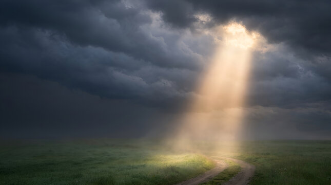 Dramatic ray of sunlight breaking through dark storm clouds above a green field with sunlight landscape environment dramatic atmosphere background conceptual heavenly meteorology spirituality