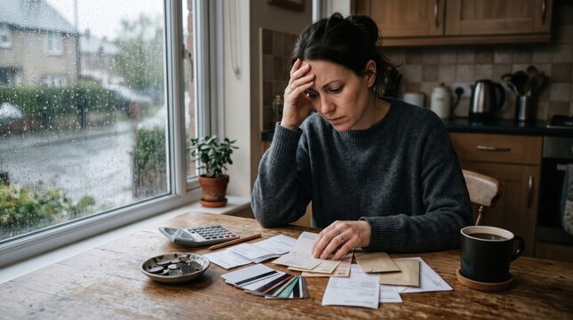 Middle aged woman reviewing household bills and envelopes at kitchen table by rainy window, calculating expenses and budgeting with calculator and mug nearby, worried domestic moment