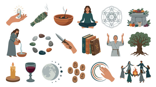 Spiritual Paganism Witchcraft Esoteric Flat Vector Collection of Ritual Symbols and Mystical Elements