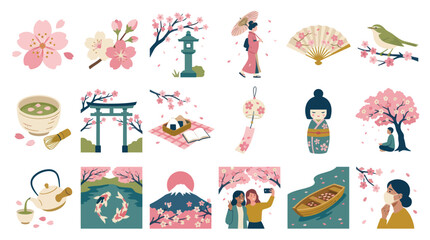 Fototapeta premium Japanese Culture Icons: Cherry Blossoms, Geisha, Torii Gate, Nature, Food, Flat Style