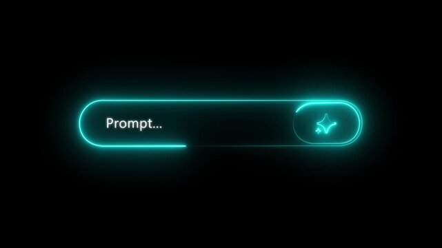 Futuristic modern glow blue AI prompt search bar with sparkle star button. Glassmorphism user interface UI element for generative AI assistant 4k motion graphics black background.