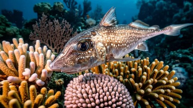 chimaera underwater swimming close up in great barrier reef australia