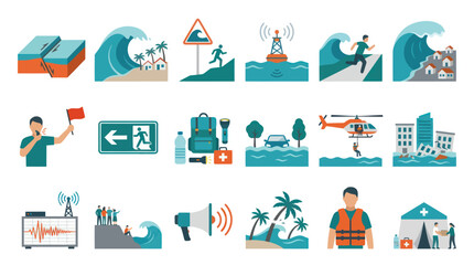 Naklejka premium Flat Vector Icons of Tsunami Disaster Preparedness and Emergency Response