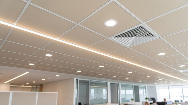 Suspended acoustic ceiling with grid tiles and integrated linear led and recessed lights in modern office interior, visible ventilation diffusers and neutral tonal finish for commercial space