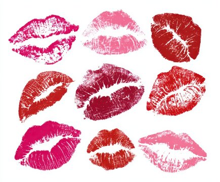 Collection of various colored lipstick kiss marks and lip prints isolated on white background with lipstick cosmetics romantic impression collection isolated background passionate feminine