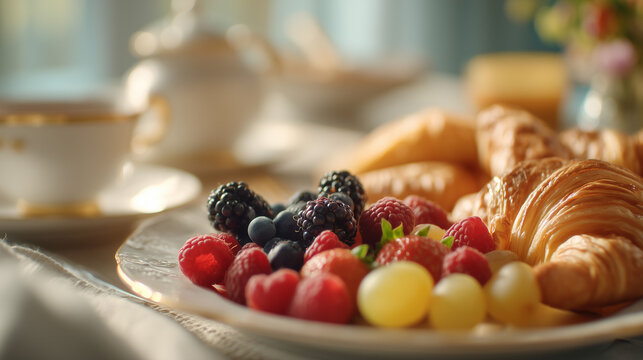 Delicious continental breakfast with buttery croissants, fresh berries, grapes and coffee served in warm morning sunlight. Cozy gourmet breakfast concept with copy space for hospitality and healthy li