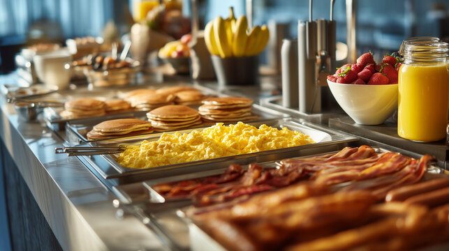 Fresh hotel breakfast buffet featuring scrambled eggs, pancakes, bacon, sausages, strawberries and orange juice. Perfect hospitality, travel, vacation, restaurant and breakfast concept.