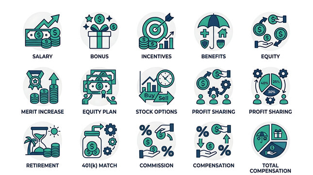 The graphic illustration shows various business icons related to finance and compensation on a document.