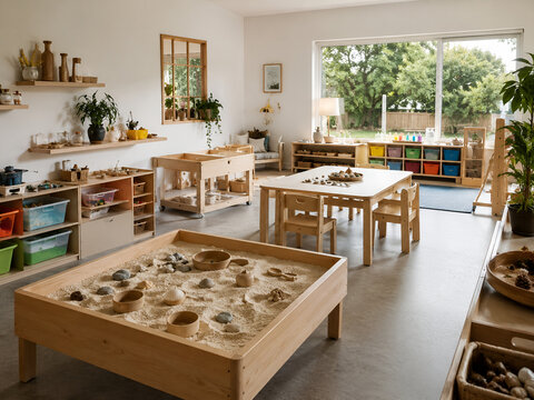 Montessori Classroom Interior with Sensory Play Tables