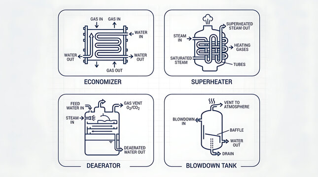 Industrial boiler components illustrated with economizer, superheater, deaerator, and blowdown tank diagrams.