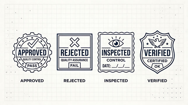 Various quality control stamps are shown on a grid paper background labeled approved rejected inspected verified.