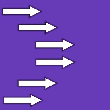 bA graphic illustration featuring six horizontal white arrows with subtle drop shadows, pointing to the right against a solid purple gradient background. The arrows are arranged in a staggered, forwar