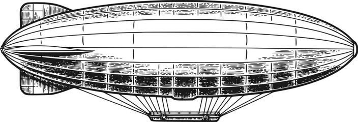 大空に浮かぶクラシックなツェッペリン飛行船の詳細な白黒ヴィンテージイラスト © Tawsif