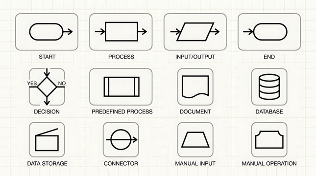 Vector set of standard flowchart diagram symbols for business process mapping and software development documentation RJ_CW5YTT_VF