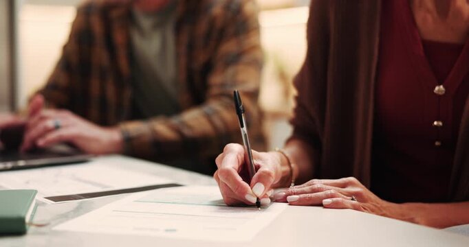 Hands, woman and writing in home with document, application and policy for financial loan. Couple, laptop and registration at house with paperwork, finance contract and compliance form for investment
