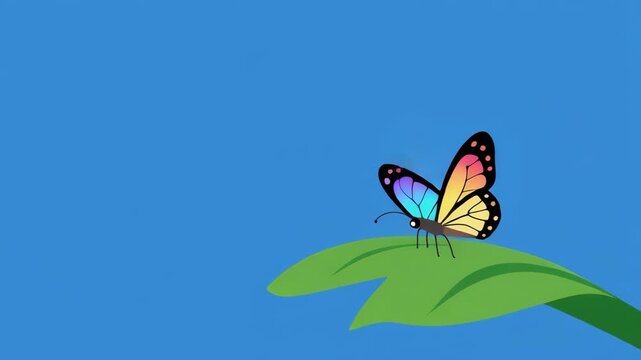 Butterfly emerging from chrysalis on green leaf with soft blue background