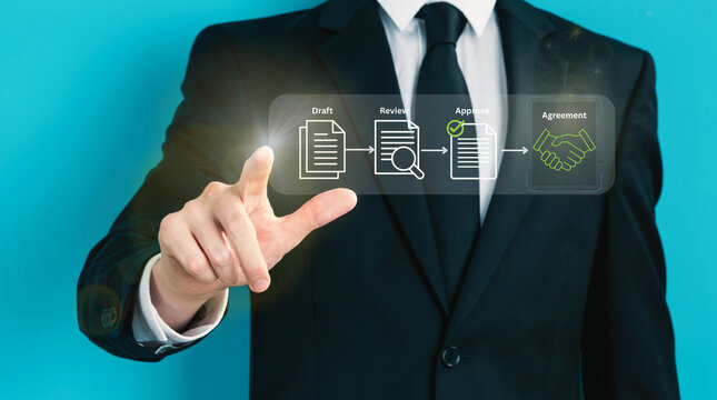 Digital workflow management solution showcasing a professional interacting with a virtual interface to efficiently review business documents and finalize agreements