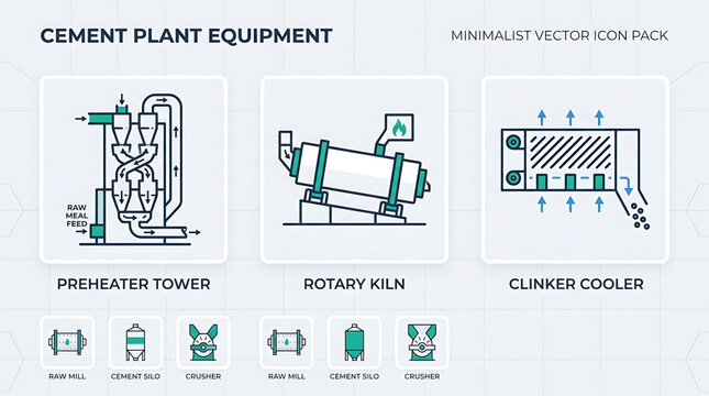 Industrial equipment for cement production facility operation showing preheater tower, rotary kiln, and clinker cooler