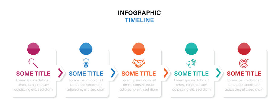 Minimalist 5 steps horizontal timeline infographic template with arrow connectors and strategy roadmap. business process flowchart 5 options. vector illustration.