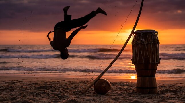 Silhouette of a capoeira practitioner performing an acrobatic move on the beach at sunset.