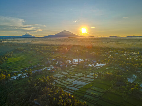 Sunrise over Mount Agung and Rice Terraces in Bali, Indonesia